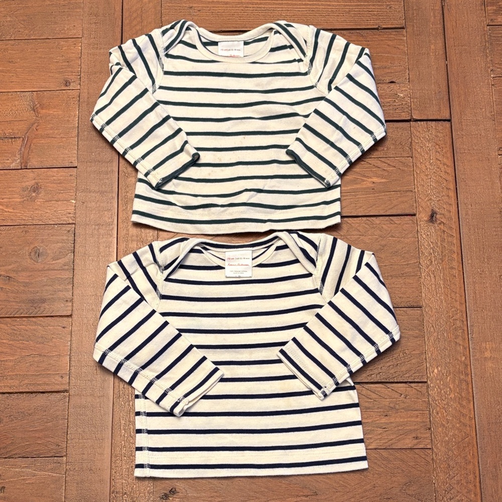 Hanna Andersson Navy and Green Striped Long Sleeve Tees